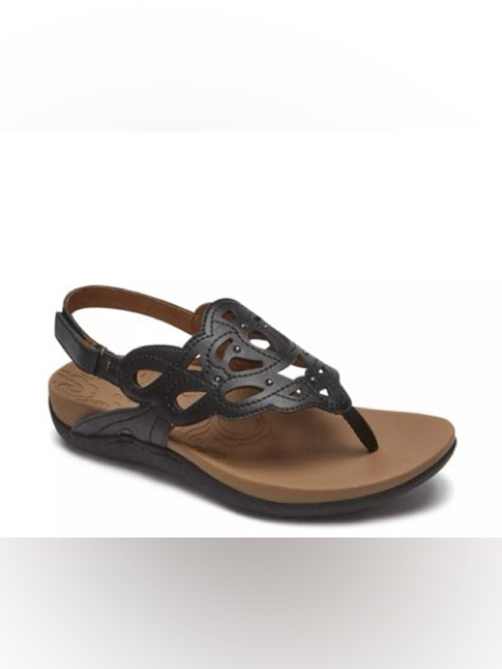 Rockport Black Cutout Leather Slingback Thong Sandals with Tan Footbed